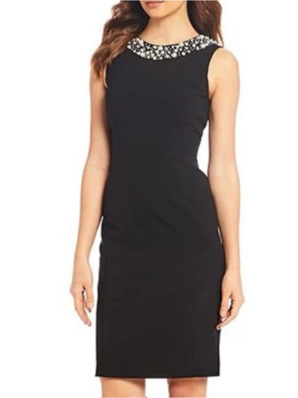 Calvin Klein Black Sheath Dress with Embellished Jewel Collar